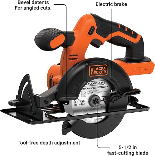 Miniatura 9 de BLACK+DECKER Sierra circular inalámbrica de 20 V MAX de 5-12 pulgadas, herramienta solo con batería de litio y cargador (BDCCS20B y LBXR20CK)