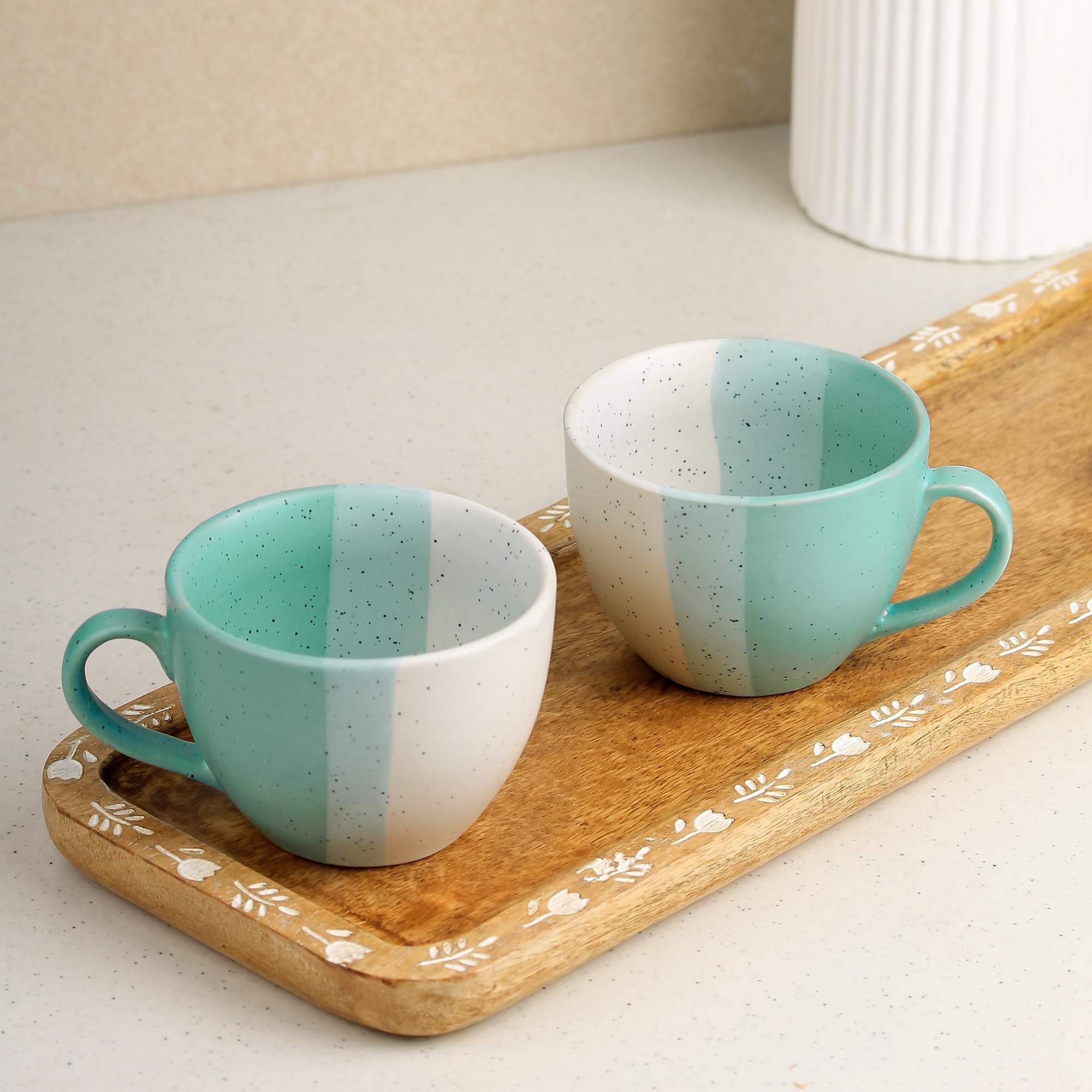 The Earth Store TT Green Ceramic Cappuccino Coffee Cup Set of 2, 250ML Microwave and Dishwasher Safe Large Tea Cups | Large Cup for Coffee | Ideal Use for Every Occasion, Gifting