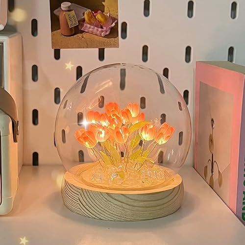 Miniatura 6 de Altsuceser Luz nocturna de tulipán mini lámpara de mesa de tulipán con pilas hecha a mano con base estable necesitas montarte rosa A