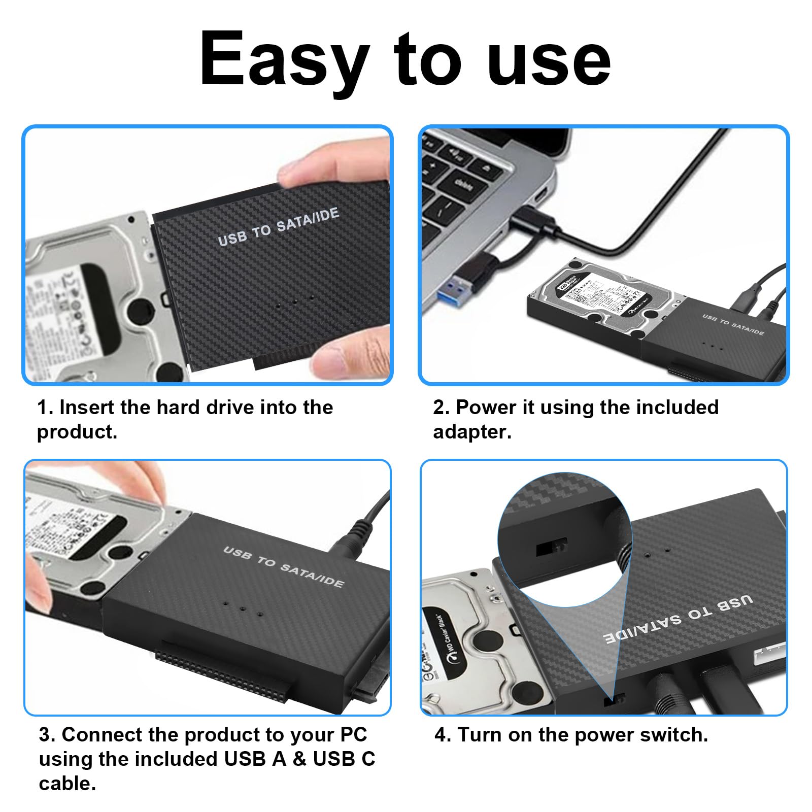 6Gbps Adaptador USB IDE, Adaptador Lector Discos Duros USB3.1 para 2,5'' y 3,5''IDEy SATA HDD/SSD,ConversorAdaptador de Disco Duro USB3.1 a IDE/SATA para Windows/Linux/MacOS