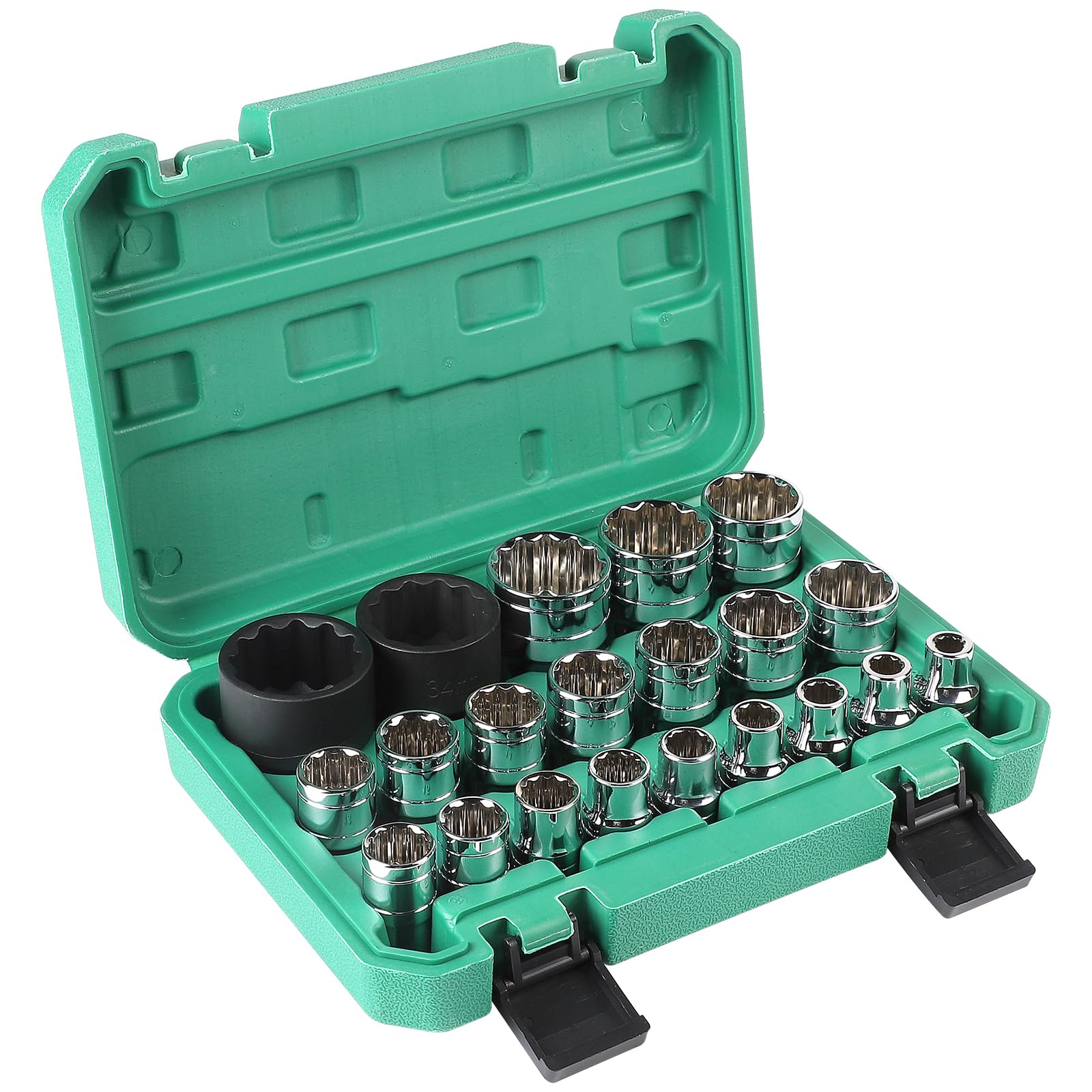 CPROSP Juego De 21 Llaves De Vaso 1/2" 12 Caras 8-36mm - Estuche Robusto CR-V Para Mecánicos Y Profesionales