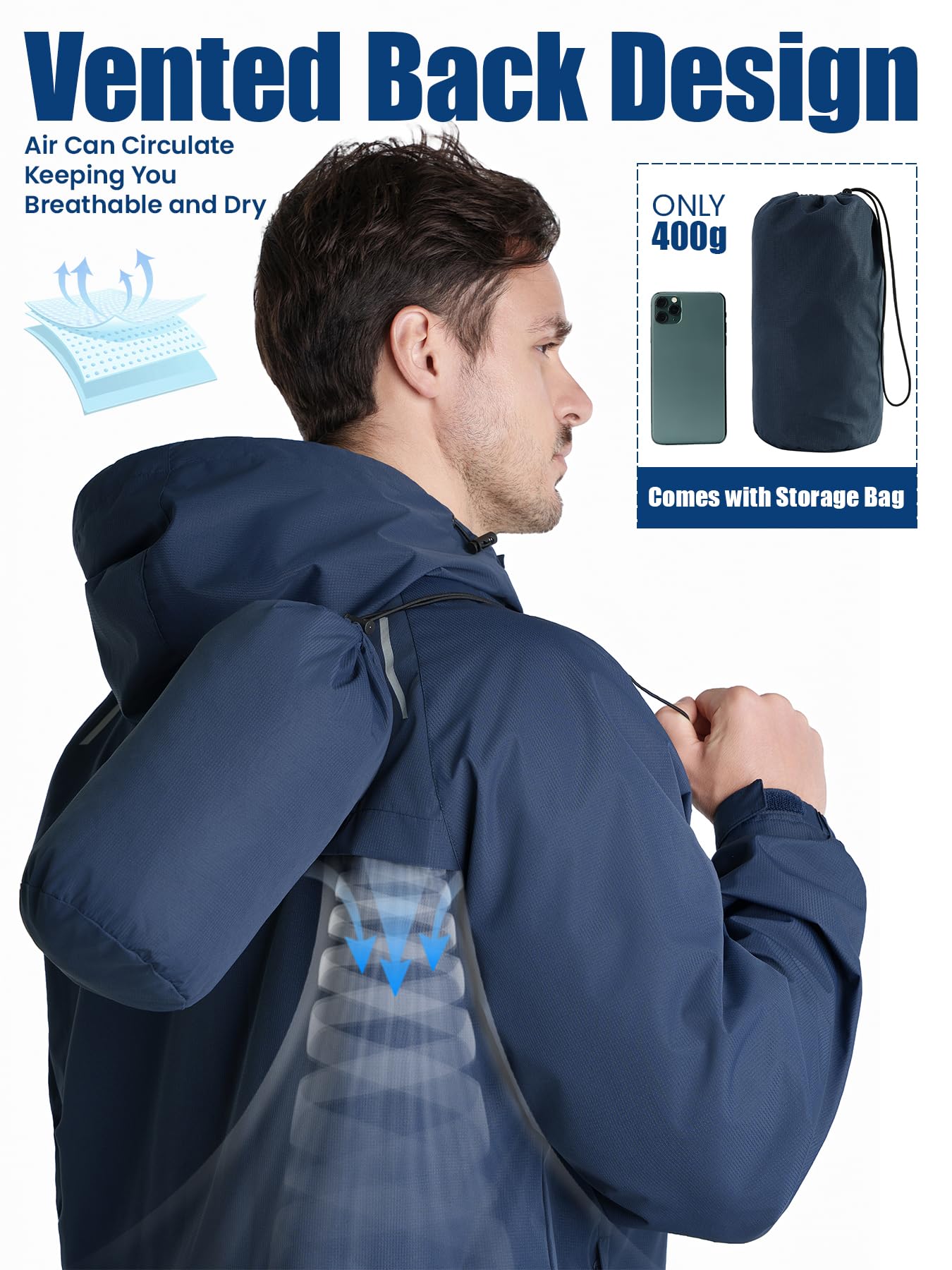 Veste de pluie pour homme, légère, imperméable, pliable, avec capuche, veste réfléchissante pour vélo, coupe-vent, respirante, pour randonnée, course à pied, camping en plein air