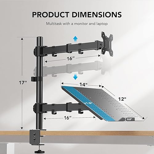 Vista 5 de HUANUO Adjustable Monitor Stand, Single Arm Desk Mount for 32 inch Screen and 17 inch Laptop, Heavy Duty Ergonomic Bracket Holds 22lbs