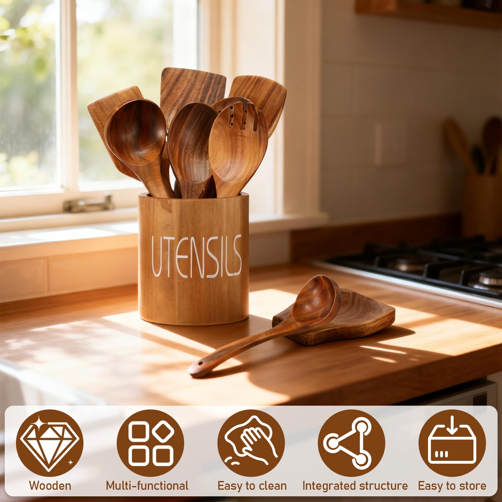 9er Set Kochlöffel Holz Set aus Teakholz mit Halter Pfannenwender Holz und Schöpflöffel Küchenutensilien für Antihaftpfannen Hitzebeständig Robustes Kochbesteck Unikat Naturholz Braun