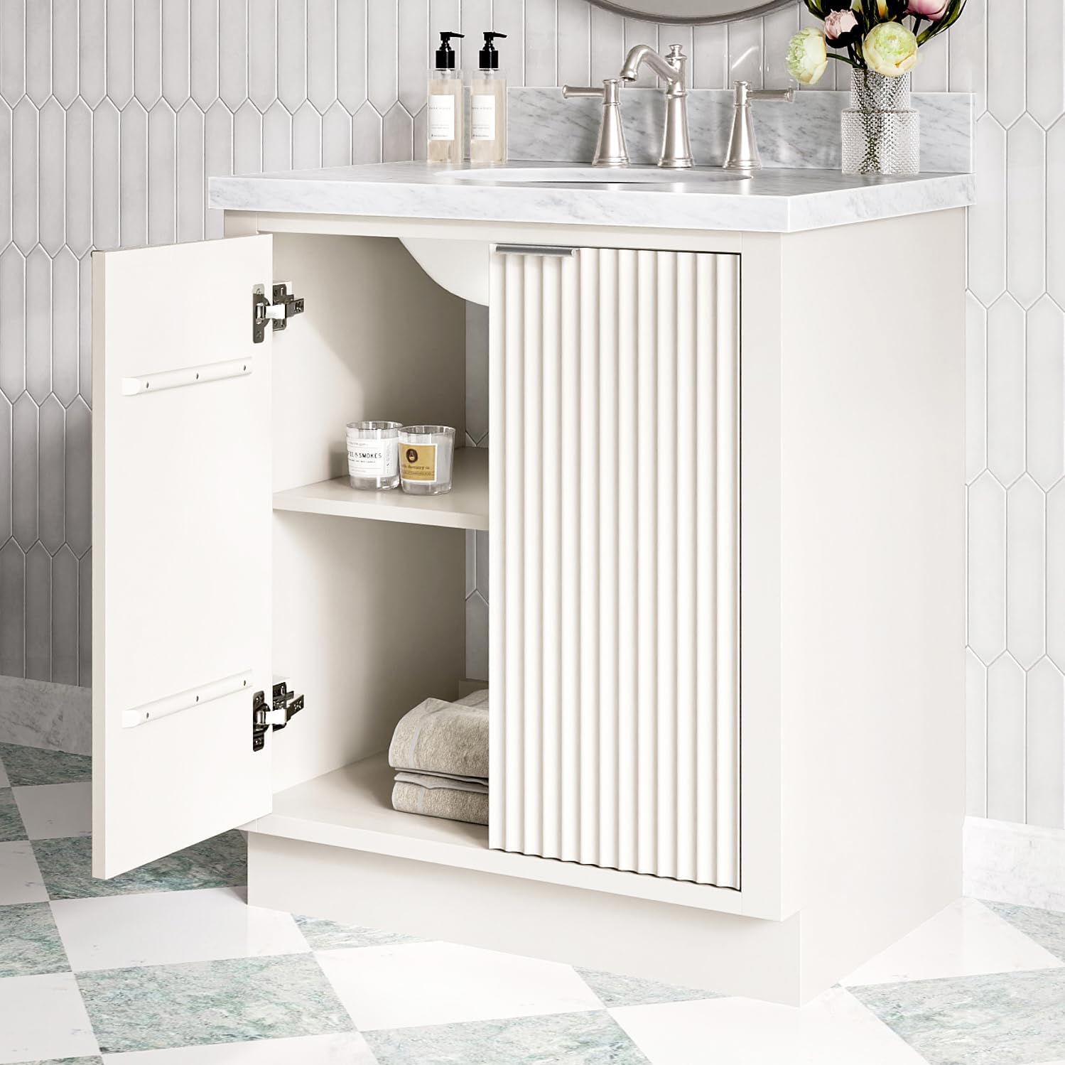 ARIEL Milan 30-inch Bathroom Vanity with Sink,Solid Wood, 1.5-inch Italian Carrara Marble Countertop & Backsplash, Single Rectangular Porcelain Sink, 2 Soft Closing Doors, Brushed Nickel, Warm White
