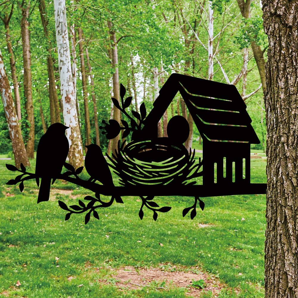 Décoration de jardin en métal nid d'oiseau silhouette noire pour mur et pelouse