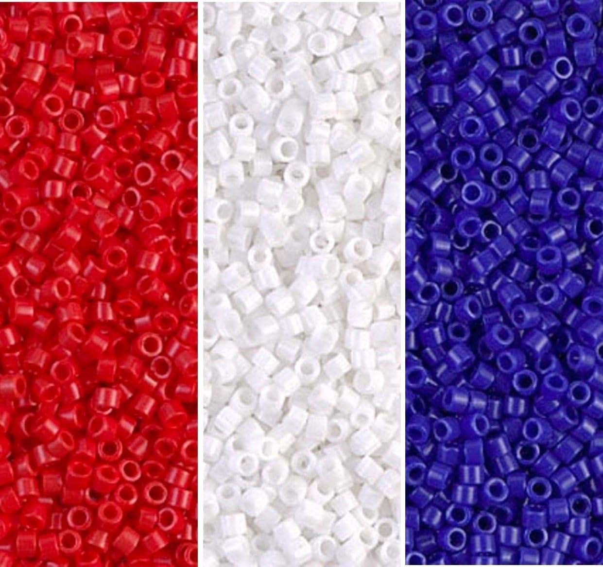 Miyuki Delica Seed Beads Bundle: Size 11/0, Opaque White DB200, Opq Dark Blue DB726, Opq Dark Cranberry Red DB723-3 Tubes of 7.2 Grams ea