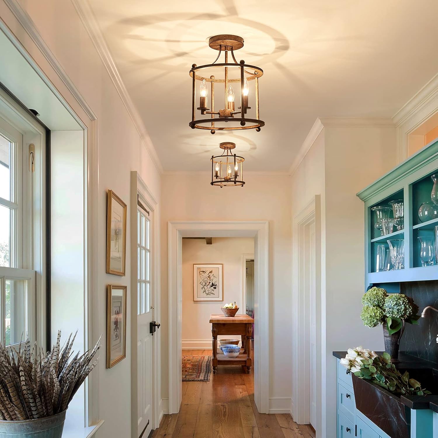 UOFUS 3-Light Farmhouse Vintage Semi Flush Mount Ceiling Light Fixtures in Rustic Bronze Metal Chandelier for Island Living Room Bedroom Kitchen Foyer Laundry Room Entryway Hallway