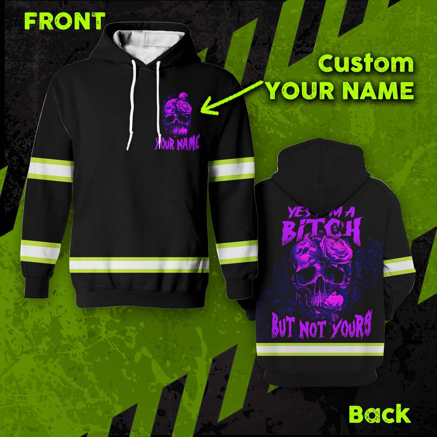 Maddly Hi Vis Hoodie Reflective Skull with Butterflies Flowers Violet Neon Custom Name Safety Workwear for Women, Workers, Operator, Skull Lovers, Runners-2XL