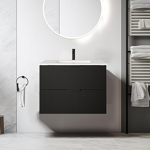 Gabinete de baño flotante de 24 pulgadas, color negro, tocadores de baño montados en la pared, vanidad moderna acanalada con cajones