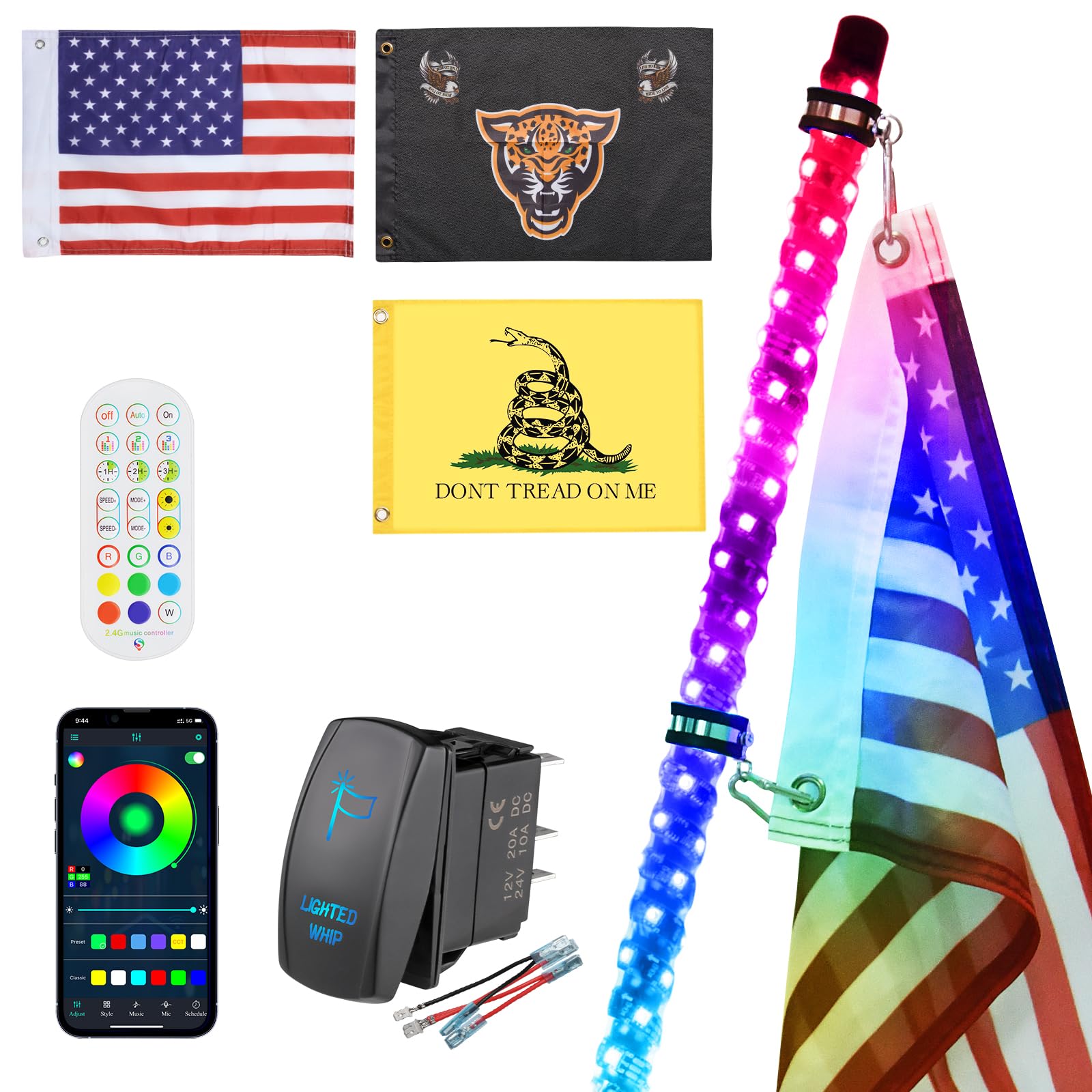 Ehaho 1 Pack 2FT Whip Lights,LED Whip Light with App &amp; Remote Control, Spiral RGB Chasing Lighted Whips with Rocker Switch, Music Whip Light for UTV ATV Polaris RZR Can-Am SXS Truck