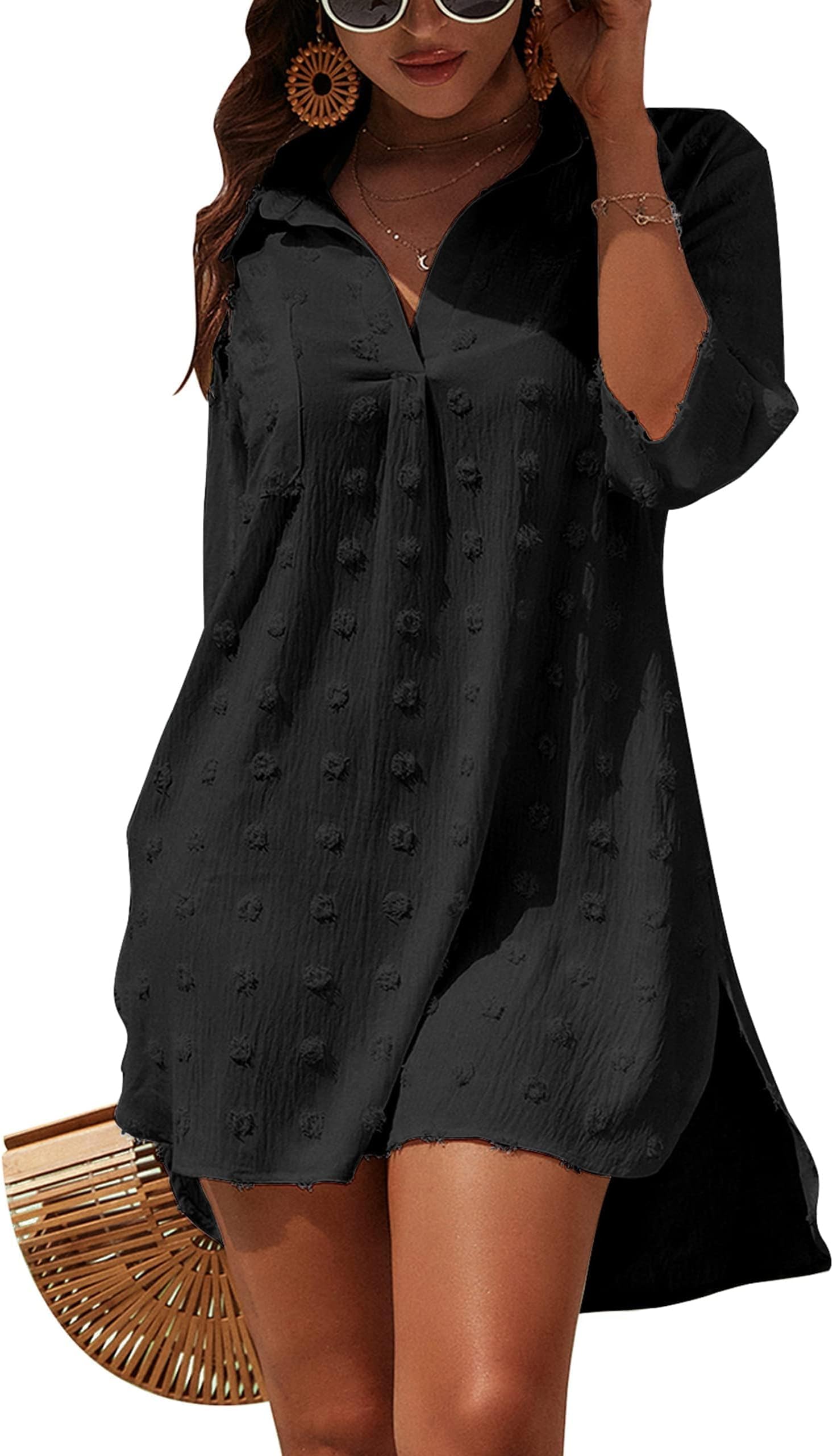 MAIABLEAUWomens Swimsuit Coverups Bikini Swimwear Casual Beach Cover Up Shirt Dress Swiss Dot