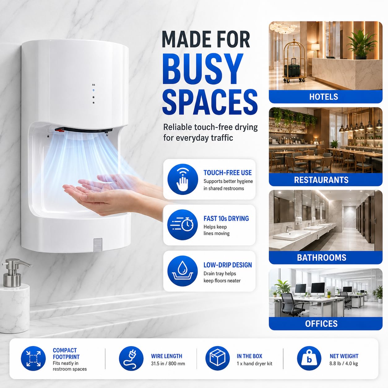 Asciugamani con sensore automatico, 1250 W, da parete, con vassoio di scarico per WC, bagni, hotel e ristoranti, finitura bianca