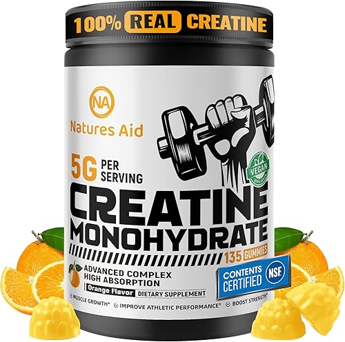 Natures Aid Gomitas de creatina certificada por NSF 0.18 oz  Gomitas de monohidrato de creatina  Energía preentrenamiento y apoyo del crecimiento