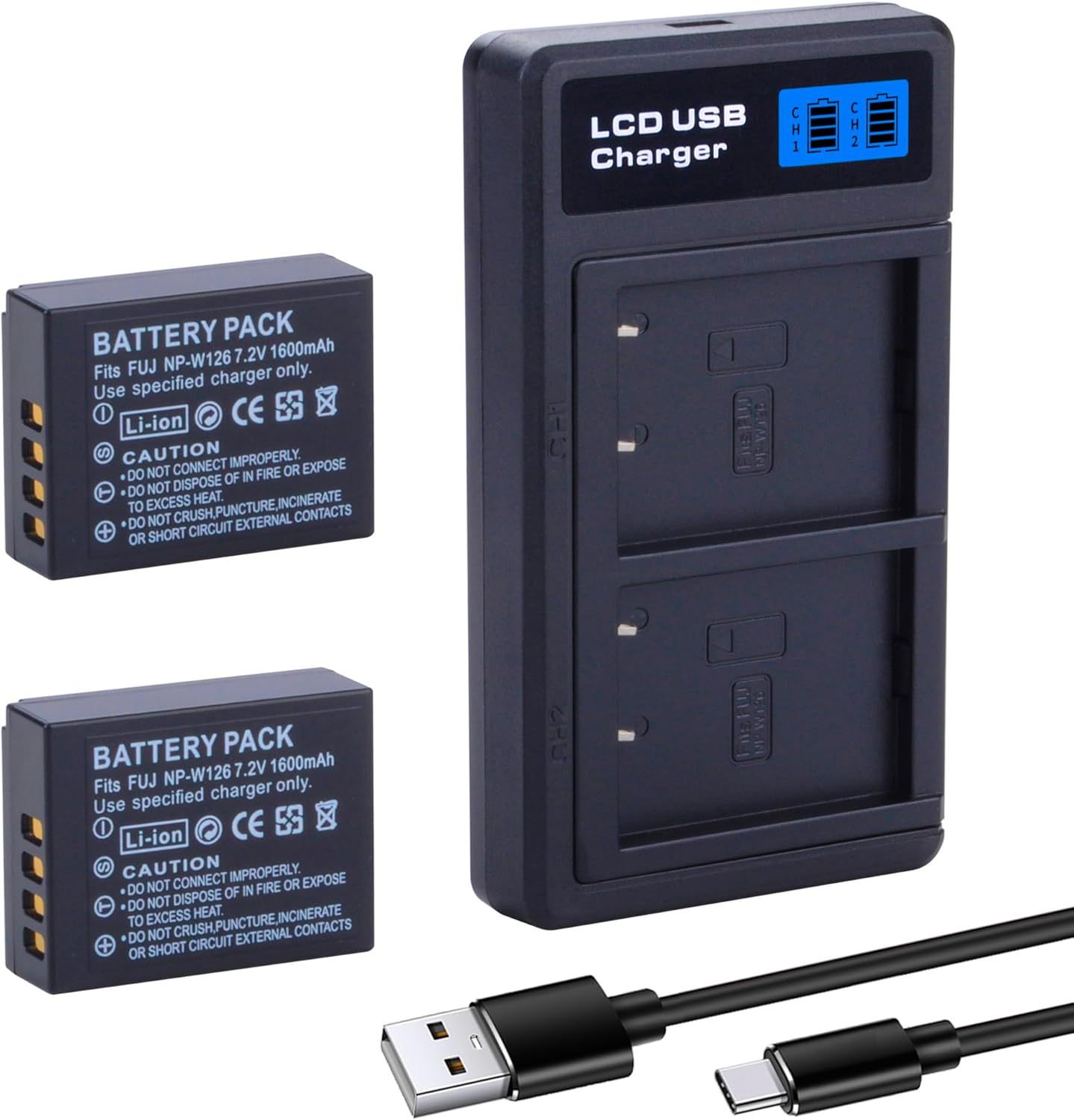2-Pack NP-W126 NP-W126S Battery with USB-C Dual Charger for Fuji X100F, X100V, X100VI, X100VI, X-S10, X-A1, X-A5, X-A10, X-E4, X-Pro2, X-Pro3, X-T1, X-T2, X-T3, X-T10, X-T20, X-T30 II, X-T100, X-T200