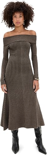 LE BOP Women's Gingham Knit Off Shoulder Dress, Chocolate/Black, XS