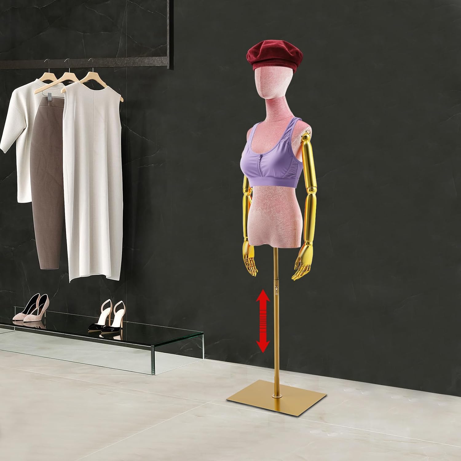 Female Mannequin Adjustable Height 59.06-78.74in, Velvet Dress Form for Clothing Display Standard Body Torso w/ Stable Base for Store Window Tailor Shop, Pink