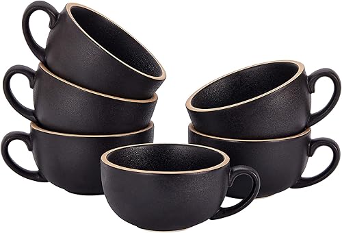 Juego de 6 tazas de diseño vintage de 12 oz profesional Barista de cerámica Latte Art Cappuccino (6 unidades, negro áspero)