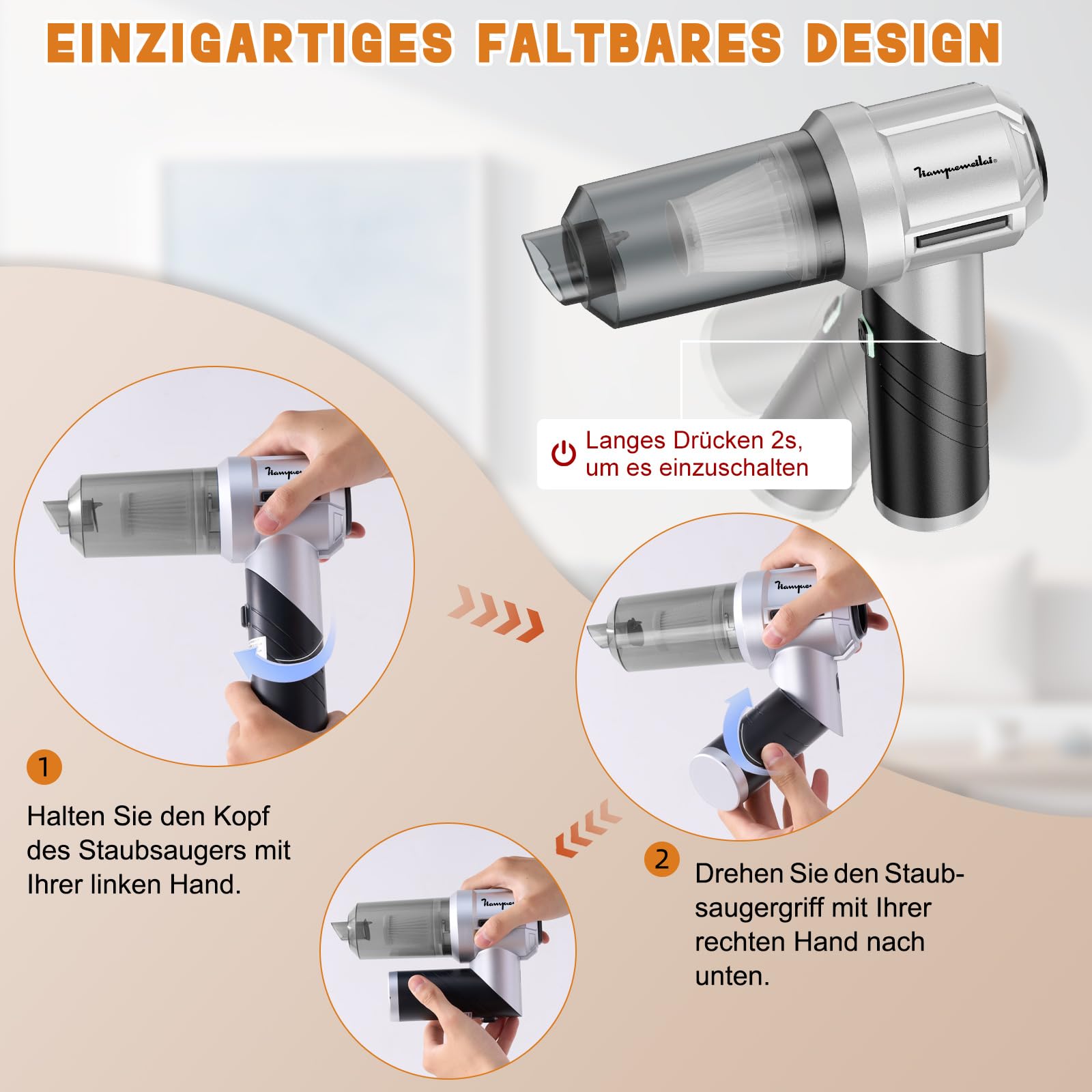 Aspirapolvere Senza Fili Auto Aspirabriciole: 15000PA Portatile 90° Aspirapolvere per Auto- 6000mAh Potente Aspiratore con 3 HEPA Filtri - Mini Aspirazione Ricaricabile Tipo-C per Ufficio Casa Animali