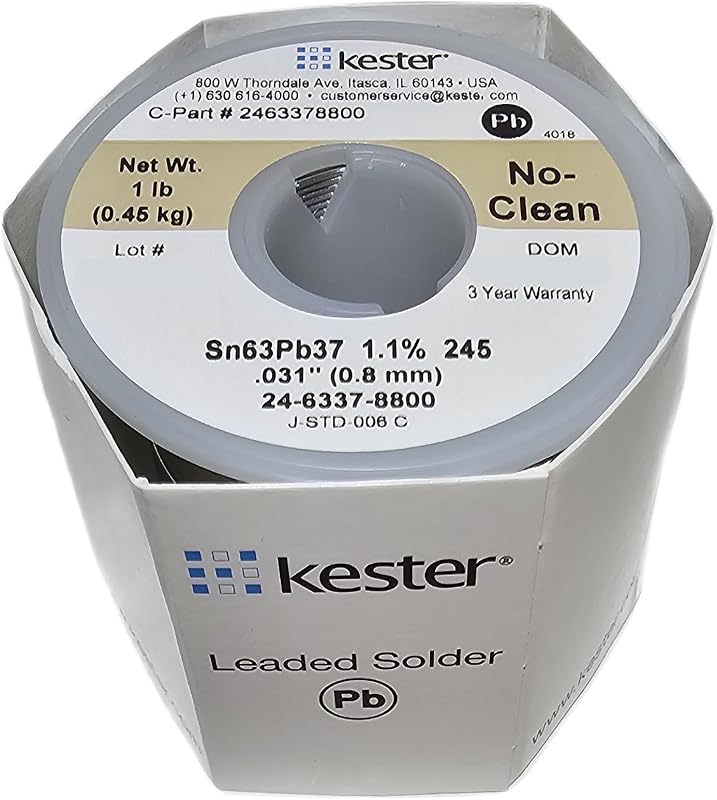 Kester 24-6337-8800 50 Rollo de soldadura de alambre con núcleo de resina activada, 245 sin limpieza, aleación 63/37, diámetro de 0,031"
