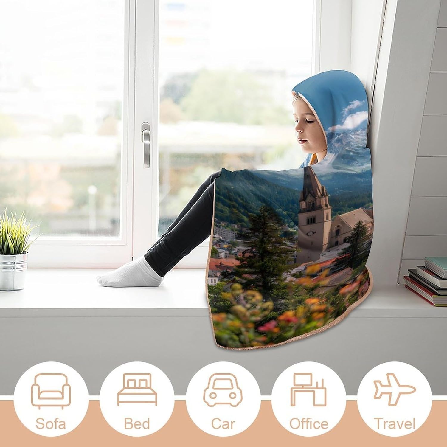 Alpine Mountains Forests Wearable Blanket Oversized Throw Cape | Cozy Hooded Blanket Gifts for Women Men
