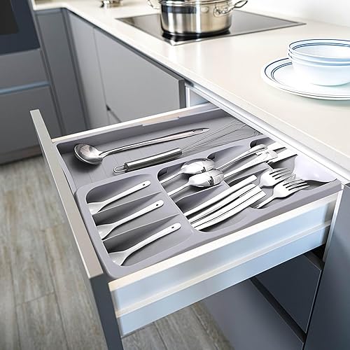 Miniatura 7 de Organizador de cajones de cubiertos con bandeja expandible para cajón de cocina, almacenamiento de utensilios de cocina compacto ajustable para