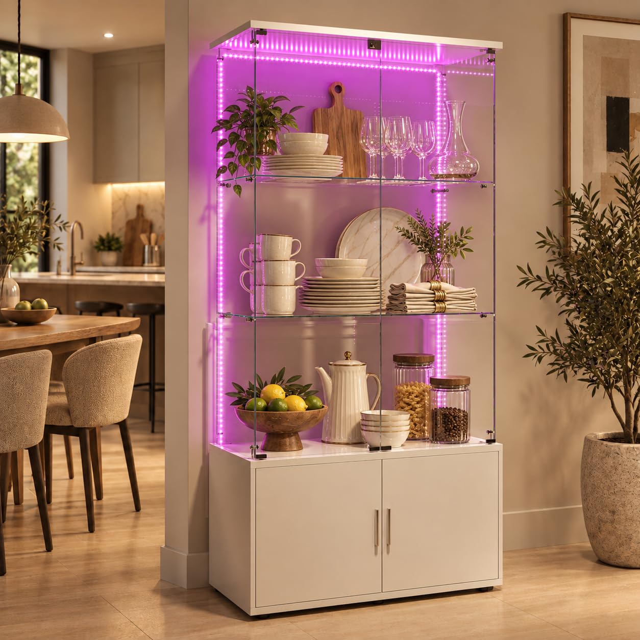 Vitrina con LED, armario escaparate de cristal de alta calidad, genérico vitrina de cristal, armario de colección moderno de cristal, mueble bajo de madera (blanco, 4 puertas de 4 capas de tira