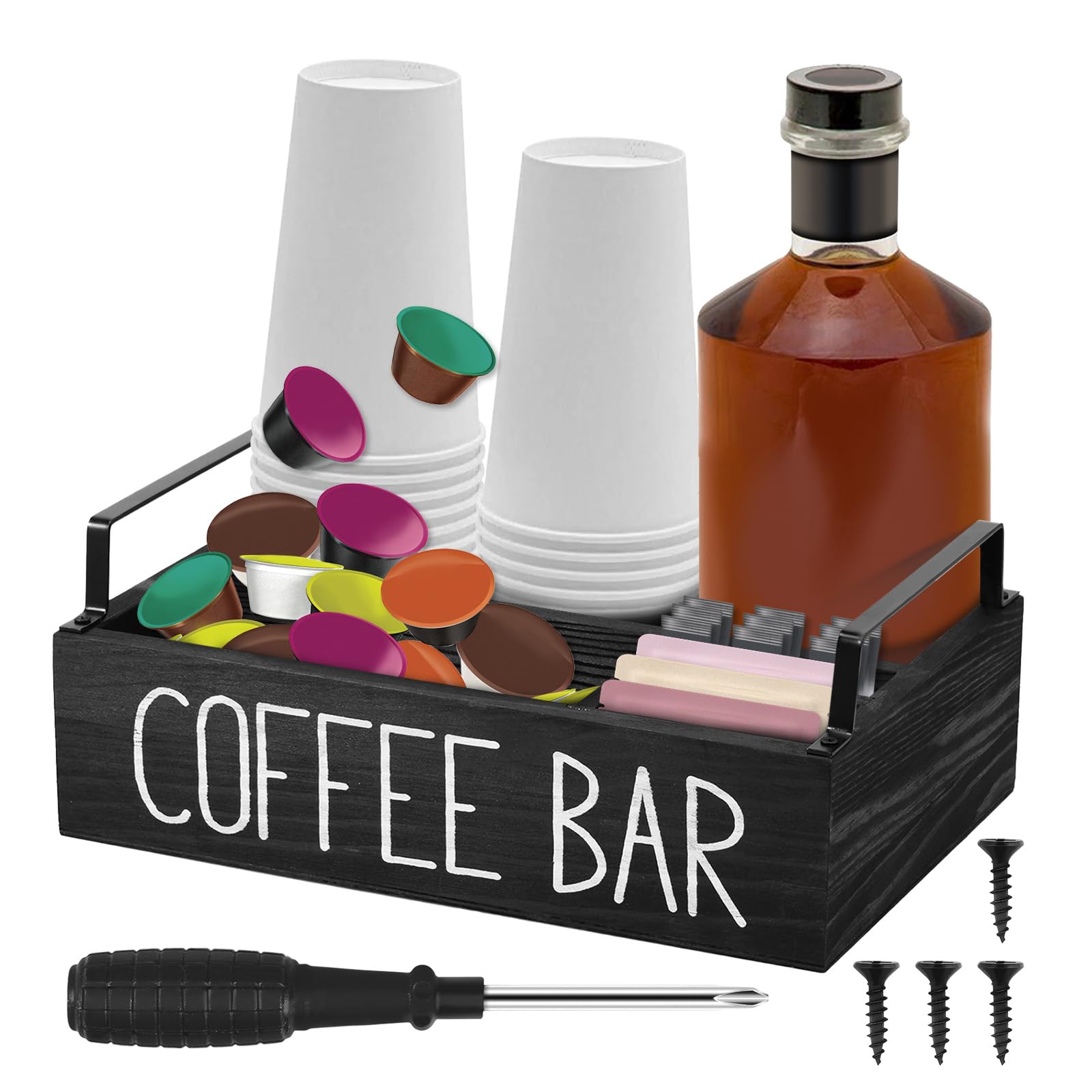 Sutowe Black Tea Bag Organizer Wood Coffee Station Caddy 4 Compartments Tea Chest Box Desktop Storage Basket With Dividers For Sugar Packet, Sweeteners, Small Packets(Black)