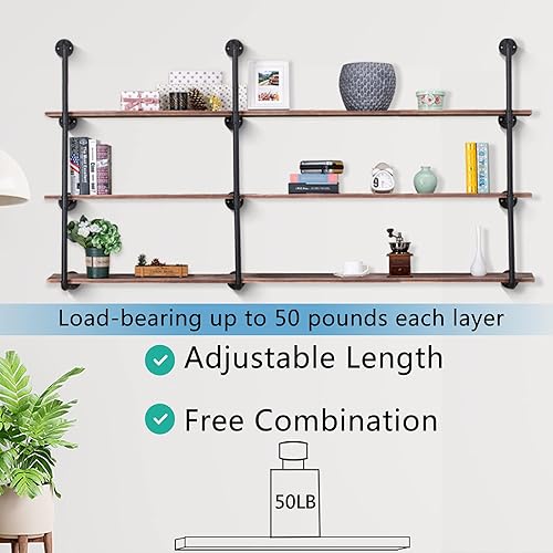 Miniatura 4 de Pynsseu Estantería de tubo de hierro industrial, estantes de tubería montados en la pared para cocina y baño, estantería de bricolaje para sala de