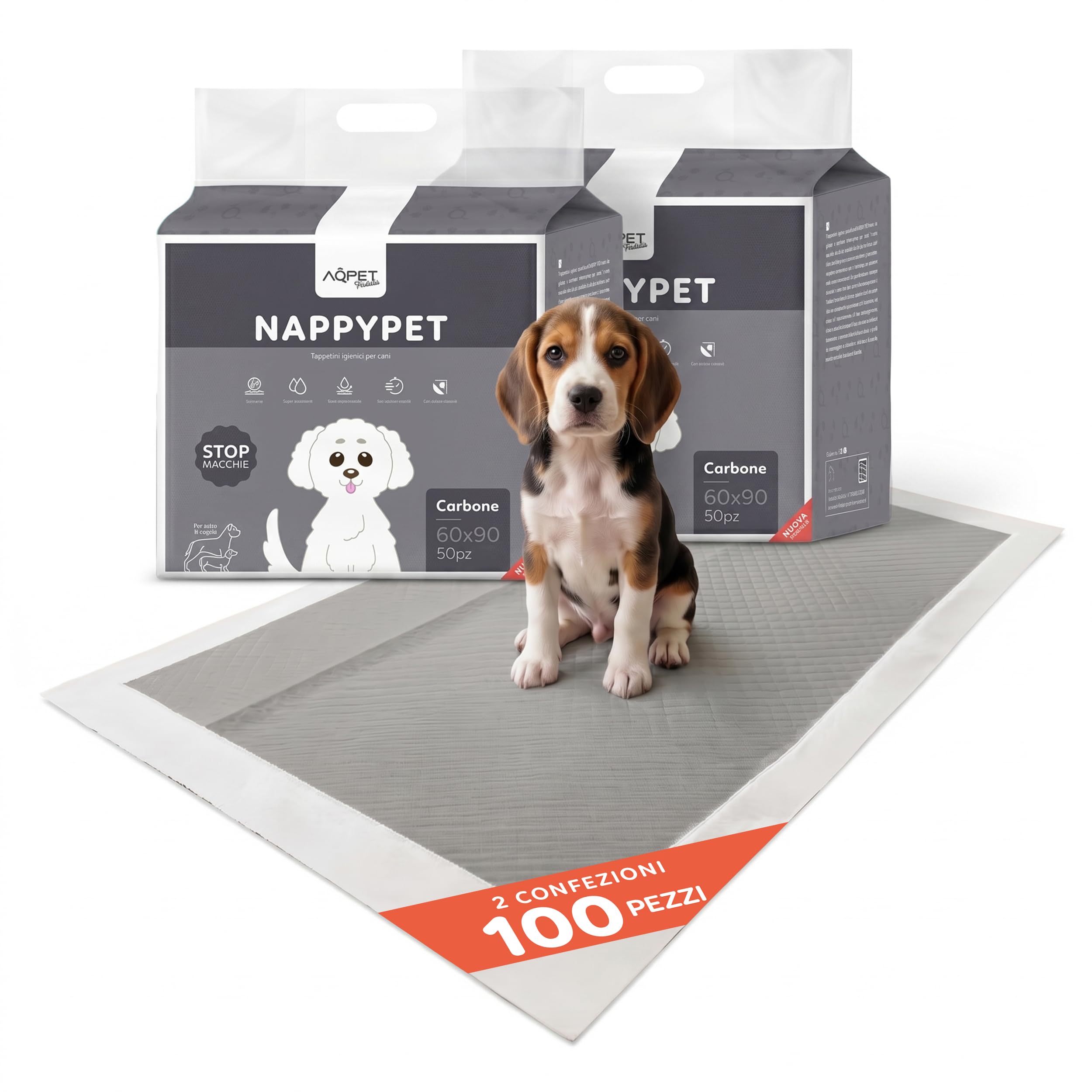 AQPET Tappetini igienici assorbenti con Carboni Attivi per Cane Traverse per Animali Domestici Cuccioli Anti Odore, 60x90 cm, 100 Pezzi