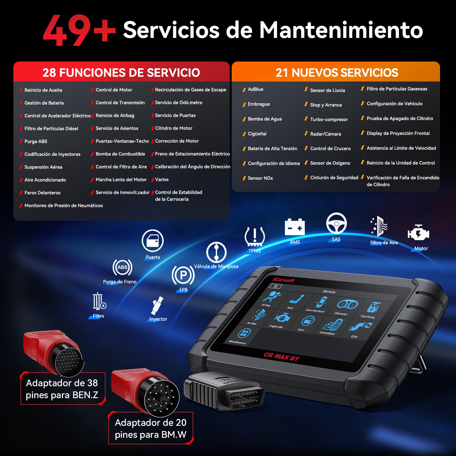 iCarsoft CR MAX BT OBD2 Máquina Diagnosis Coche Multimarca, Bidireccional Escáner de Todo el Sistema, 49 Funciones Reinicio, Codificación de ECU, CANFD, Vin Automático, 2 Adaptadores Incluidos