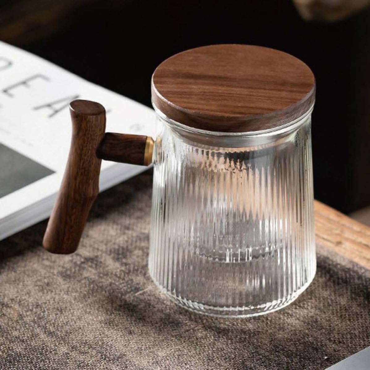 COLLBATH Ml Glass Tea Infuser Mug with Wooden Lid and Handle