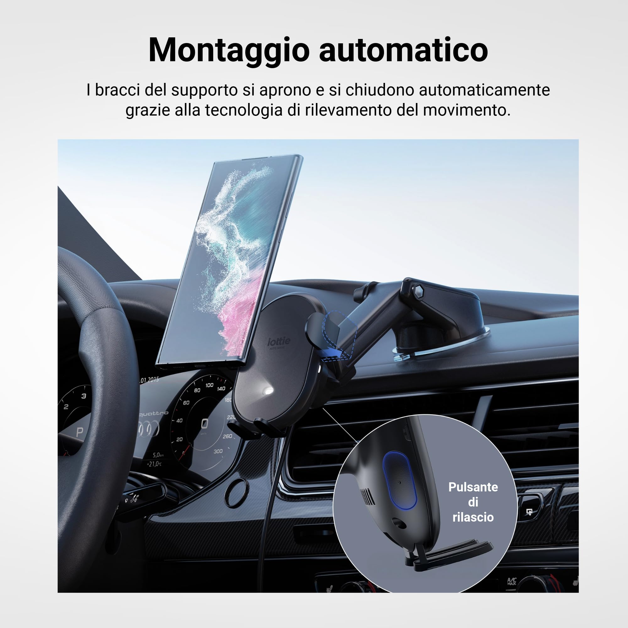 iOttie Auto Sense 2 - Supporto per telefono da auto con ricarica wireless Qi, fissaggio automatico, per Google Pixel, iPhone, Galaxy, Huawei, LG, e altri smartphone, adattatore di alimentazione non