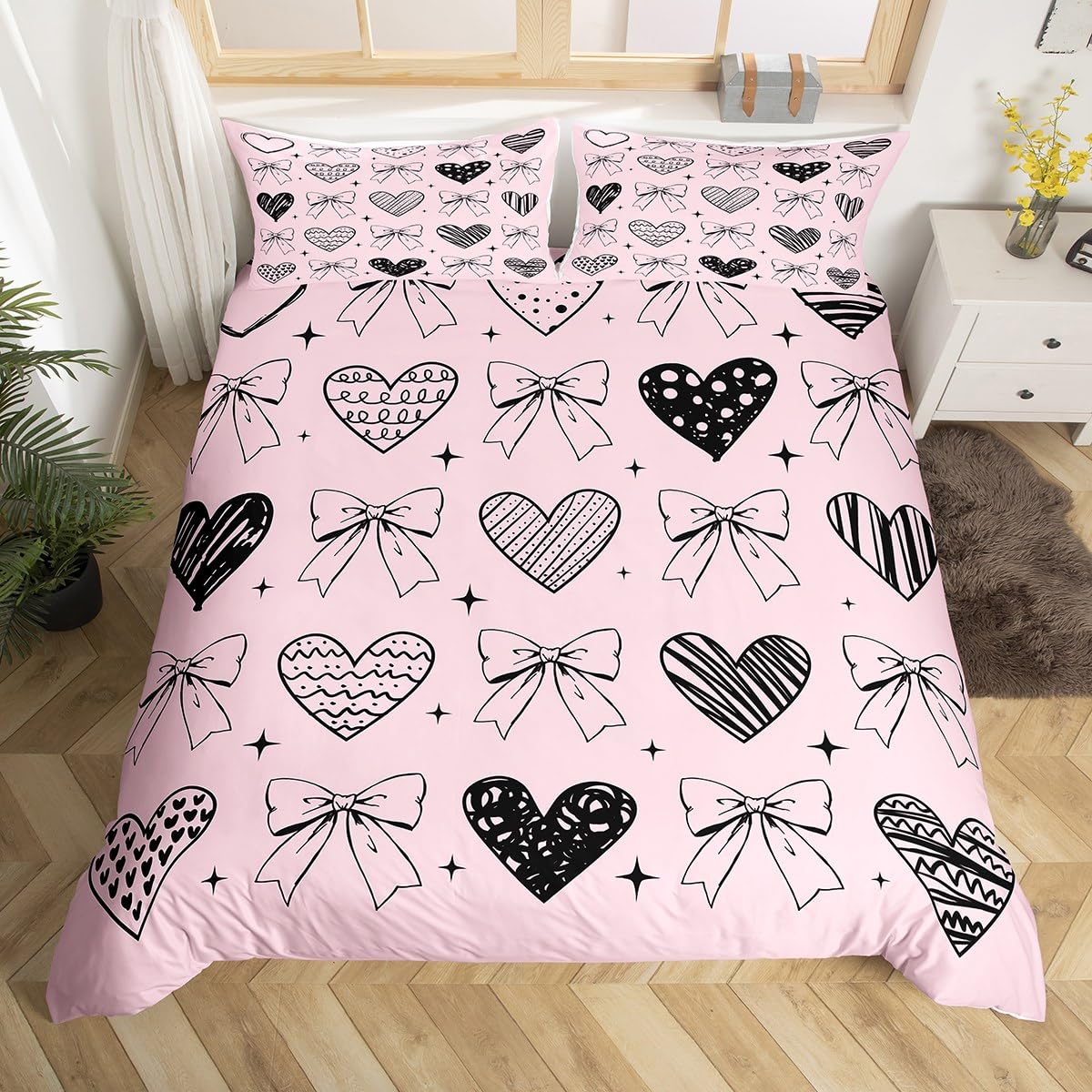 Manfei Bow Hearts Print Duvet Cover Queen Size for Kids Teens,Kids Hand Drawn Graffiti 3 Pieces Duvet Cover,Cute Bow Princess Style Soft Comforter Cover (Not Comforter),Dreamy Girls Pink Quilt Cover