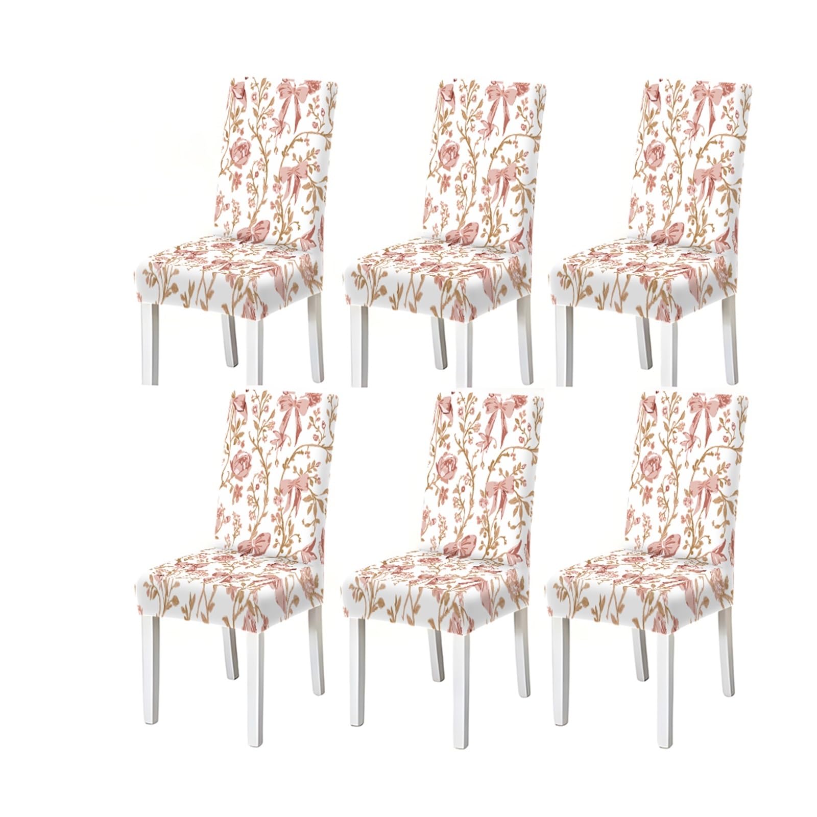 FZJKGH Blush Pink Rose Bow Floral Vine Pattern Print Dining Chair Covers Set Of 2/4/6, Stretch Slipcovers For Kitchen Dining Room Removable Stretch Slipcovers for Dining Chairs(6PCSChair cover)