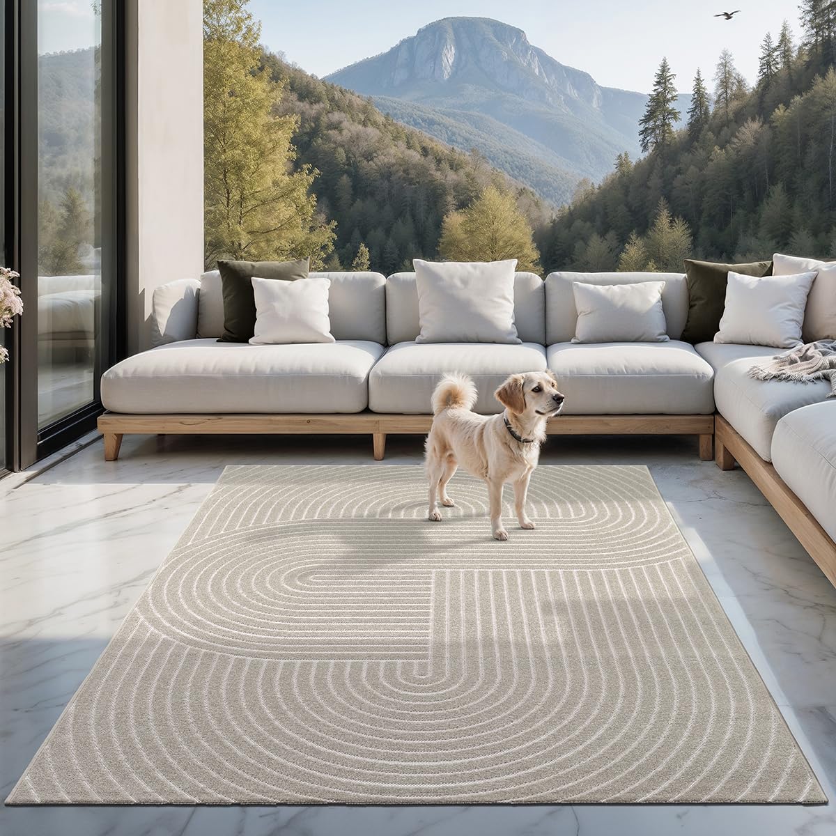 the carpet Santo Plus Outdoor Teppich – Wetterfest & Pflegeleicht, Balkon Teppich, Terrasse & Garten, Flachgewebe Indoor & Outdoor, Modern für Wohnzimmer & Schlafzimmer, Beige, 300 x 400 cm