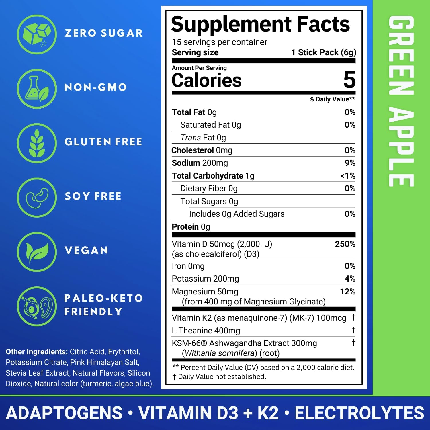 Muscle I.V.® Mood Support, Recovery, Cortisol Reducer Supplement, Vitamin D3 K2, Magnesium Glycinate, L-Theanine, KSM-66® Ashwagandha, Electrolytes Powder Packets, Sugar Free. 15 Ct, Green Apple