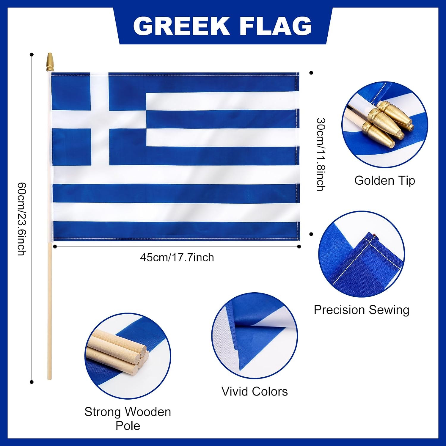 12 Pack Greece Stick Flags Small 12x18 Inch Greek Hand Held Flags with 24 Inch Wooden Pole Decorations
