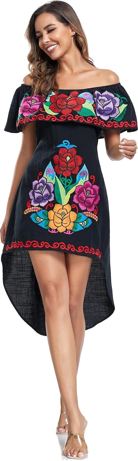 YZXDORWJ Women's Mexican Asymmetrical Dress Embroidered Floral Off-Shoulder Cocktail Latina Fiesta Dress - Image 6