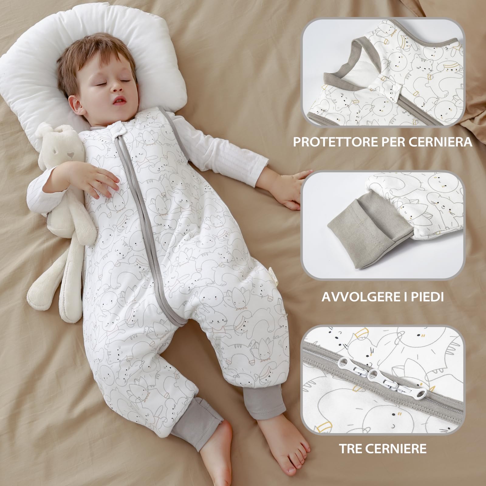 MIKAFEN Bambini Sacco nanna invernale con gambe 2,5 Tog,100% cotone,Sacco nanna con piedini,95-105 cm/3-4 anni,Gattino