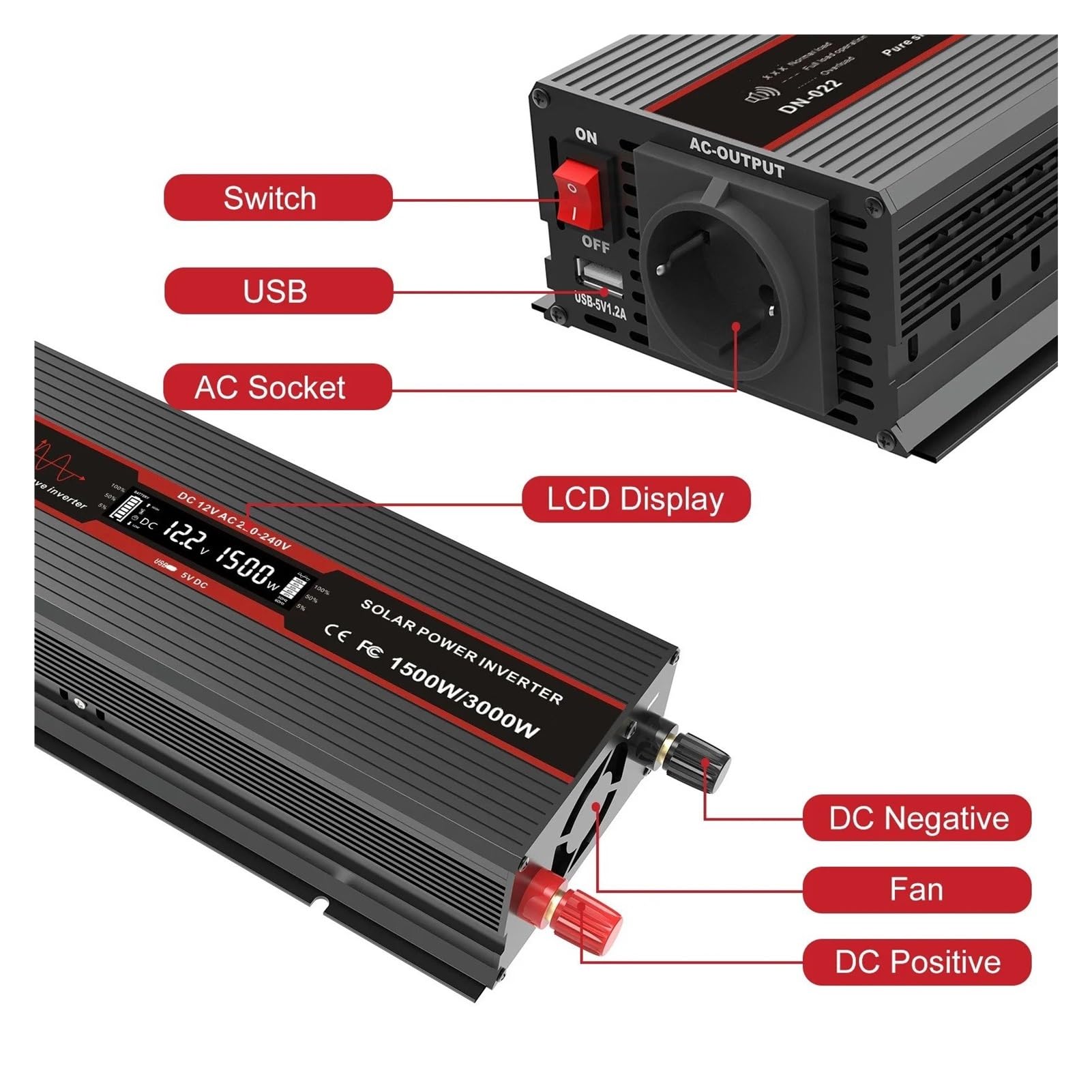 Power Inverter Inversor Potencia Onda Sinusoidal Pura 12 V A 220 V Potencia Continua De 1500 W con Enchufe USB De 5 V Y 2,1 A Inversor(12V 220V 1000W EU B)