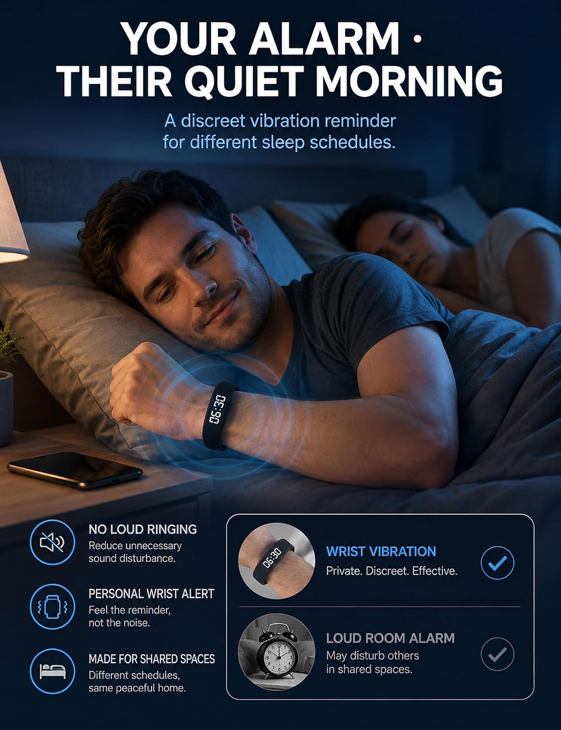 Vibrating Silent Alarm Wrist Watch Heavy Sleepers (Black2) | Vibration Alert, Silent Alarm, Wrist Wear, Heavy Sleeper Use, Quiet Wake-Up
