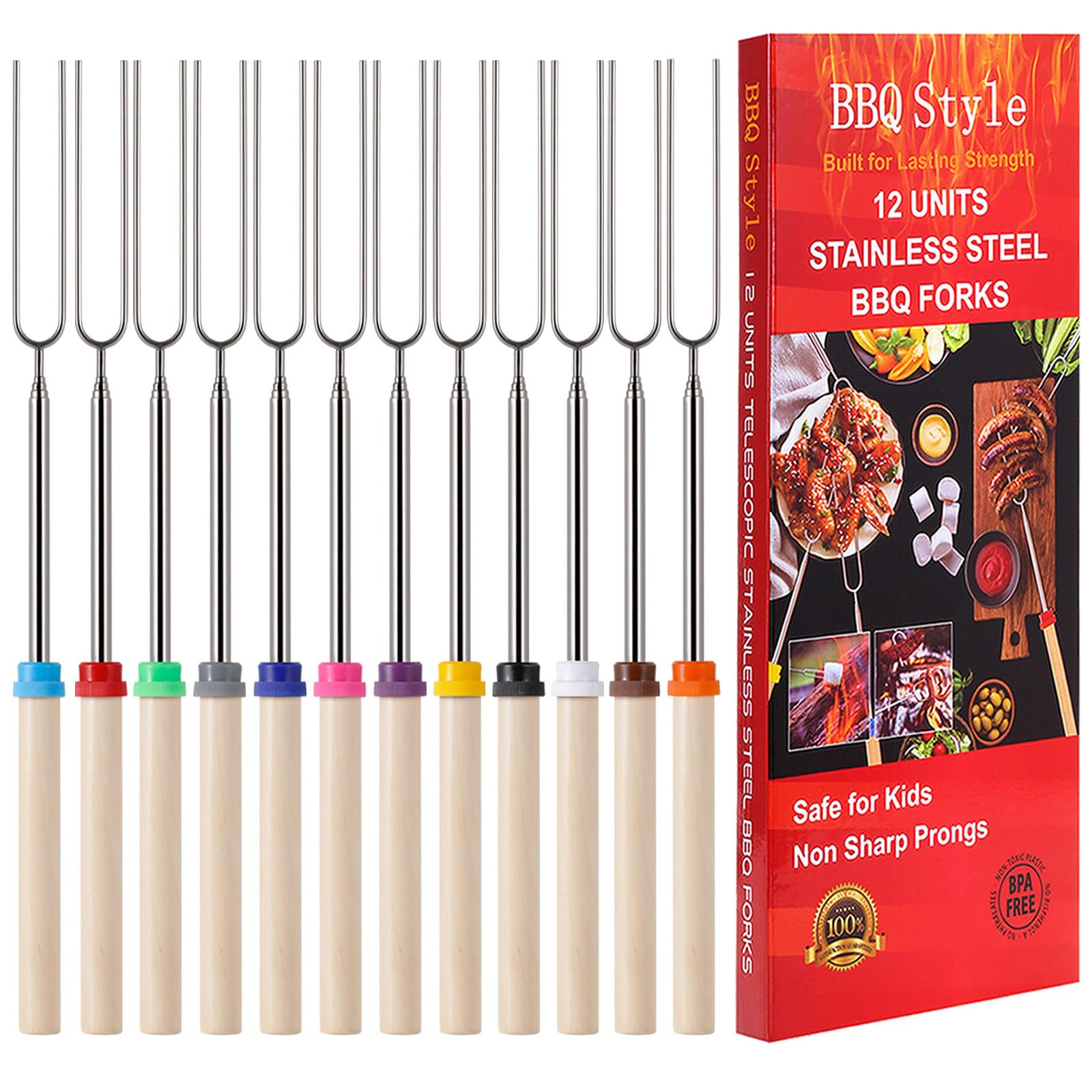 12 PCS Marshmallow Toasting Forks, Extendable Smores Sticks for Fire Pit