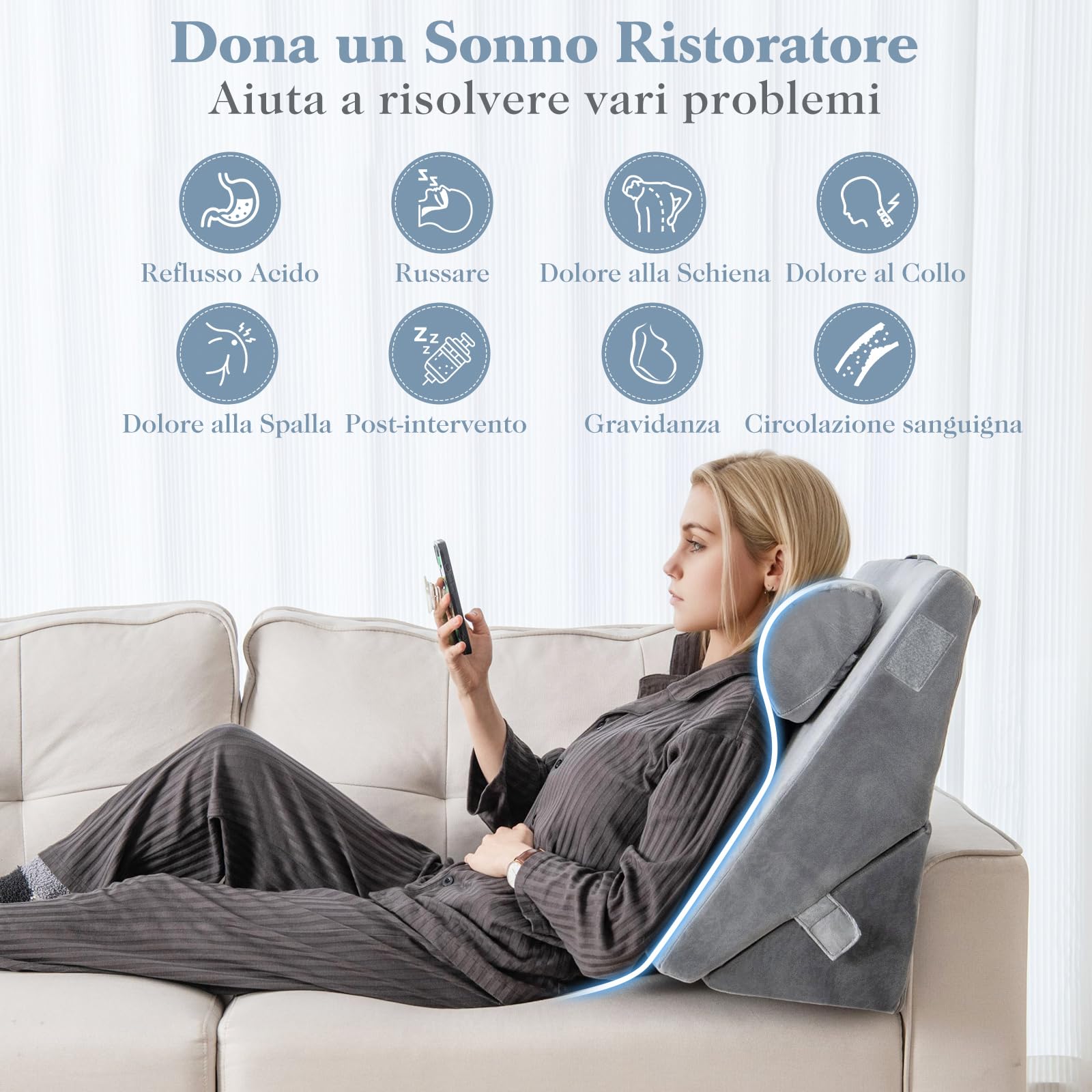 COSTWAY Set di 3 Cuscini a Cuneo per Letto, Cuscino Inclinabile Regolabile con Schiuma Memory Air, Set di Cuscini Alleviare il Dolore alla Schiena (Grigio)