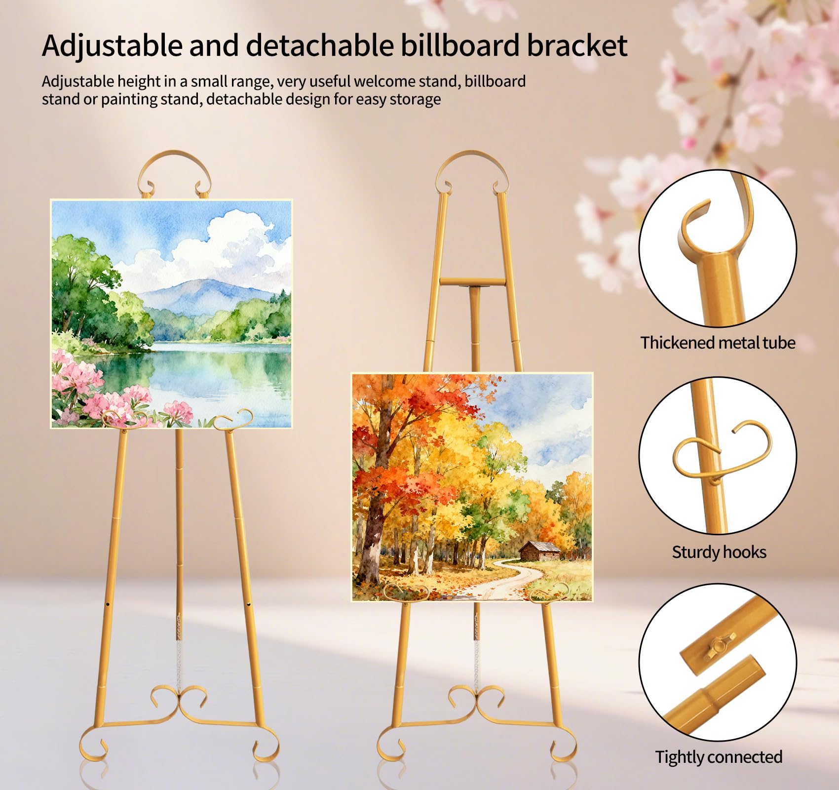 Chevalet d'artiste - 135 cm - Réglable - Trépied de table - Écran de peinture sur toile - Facile à plier - Pour studio de mariage - Pour poster intérieur et extérieur - Doré