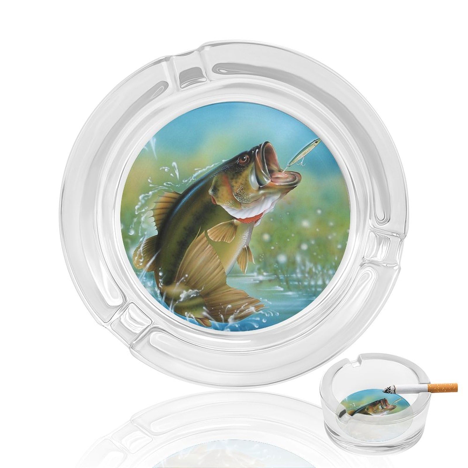 Bass Fishing Ashtray Portable Round Glass Outdoor Ash Tray for Home Office Garden Pub
