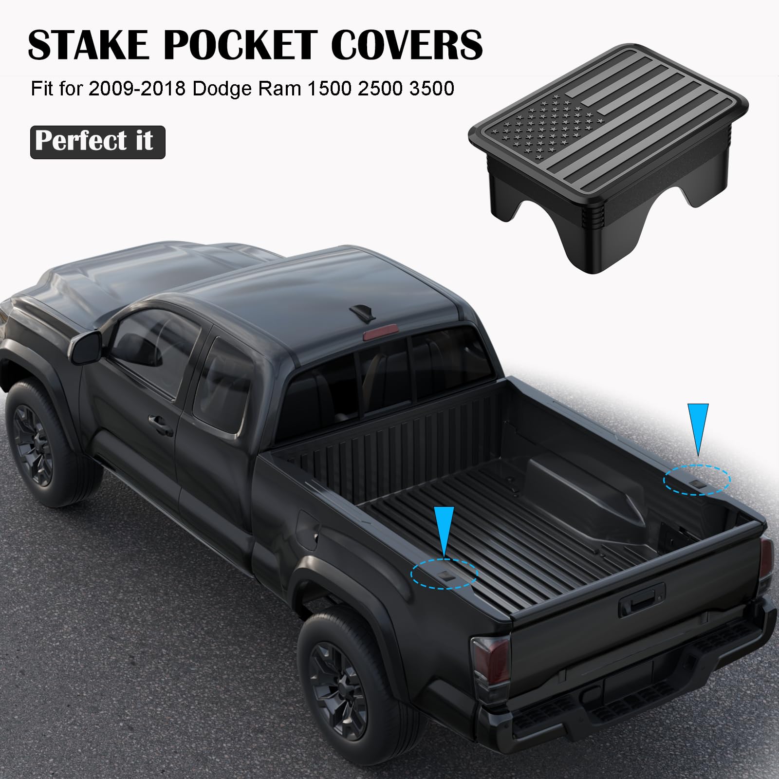 Ram 1500 Stake Pocket Covers Compatible With Dodge Ram 1500 2019-2023 Rear Truck Bed Rail Stake Pocket Cover (Black 2 Pcs
