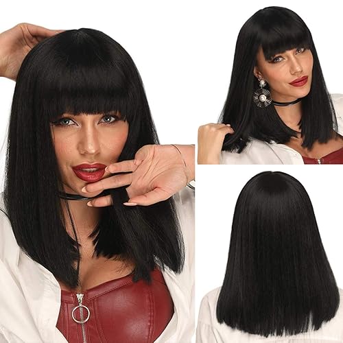 Miniatura 8 de Ebingoo Pelucas negras cortas de 14 pulgadas con flequillo + gorra de peluca, pelucas negras para mujer, peluca negra hasta el hombro, peluca negra