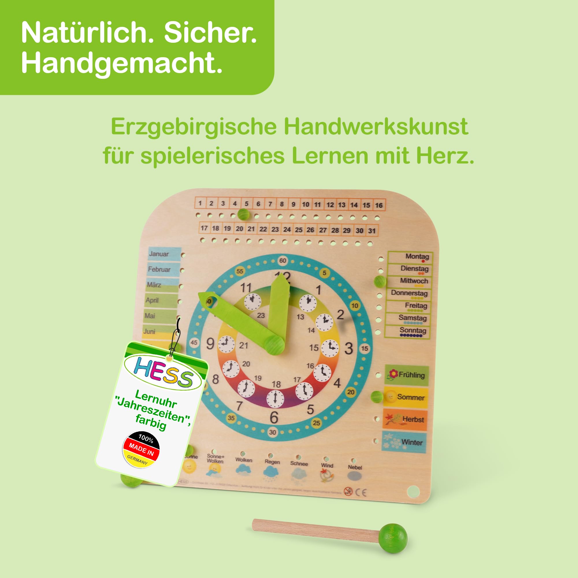 HESS Since 1990 - Lernuhr für Kinder mit Kalender, aus Holz, 25cm x 25cm, aus dem Erzgebirge