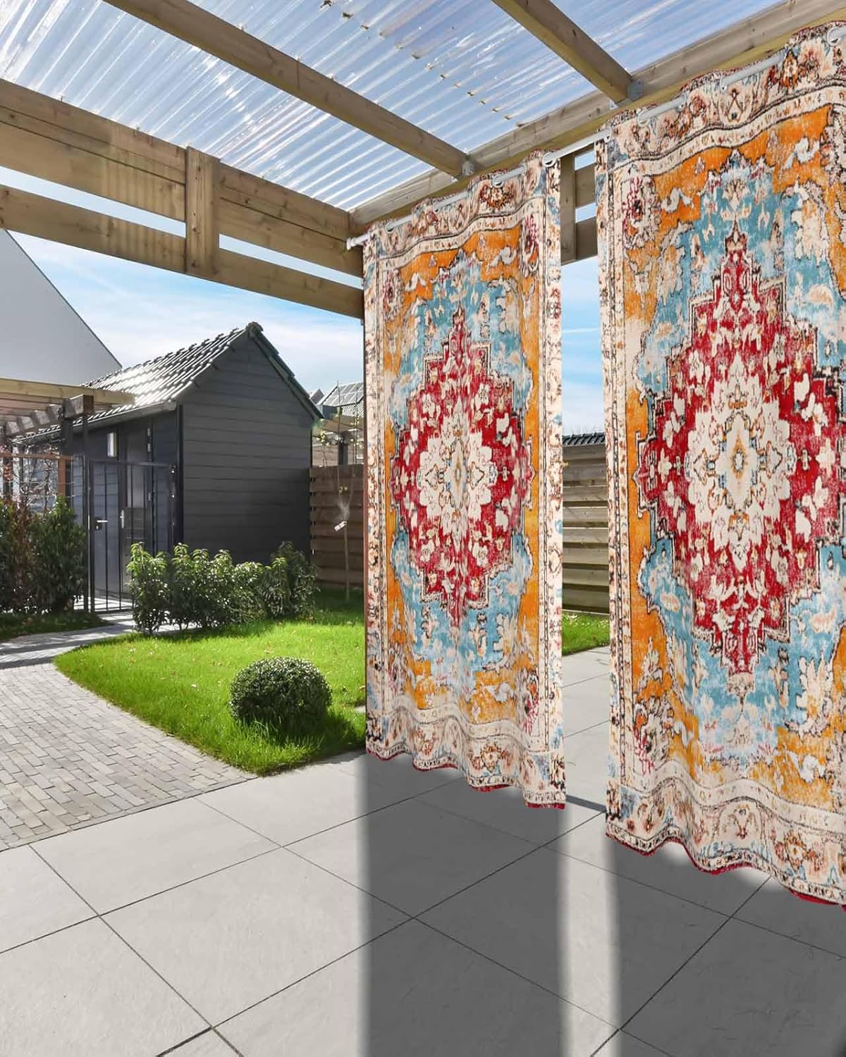 Outdoor Curtains for Patio, Red Orange Boho Waterproof Blackout Outside Curtain for Porch/Pergola/Gazebo, Ethnic Tribe Abstract Thermal Insulated Drapes for Cabana, 2 Panels, 54 x 95 Inch
